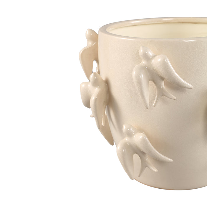 PTMD Emmelyn White Round Ceramic Glazed Pot Birds L