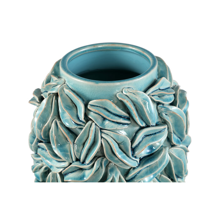 PTMD Zubeda Blue Round Glazed Ceramic Pot With Leaves L