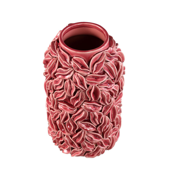 PTMD Zubeda Pink Round Glazed Ceramic Pot With Leaves L