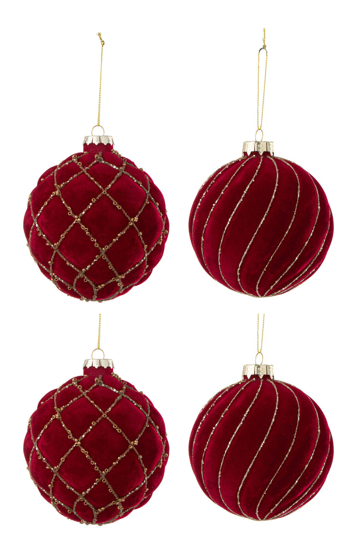 J-Line kerstbal Lijnen|Geruit - fluweel - rood|goud - doos van 4