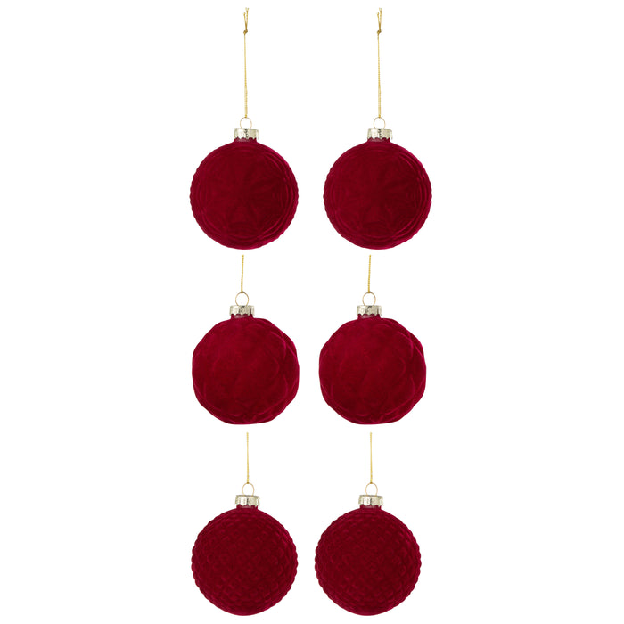 J-Line kerstbal 2+2+2 - fluweel - rood - small - doos van 6