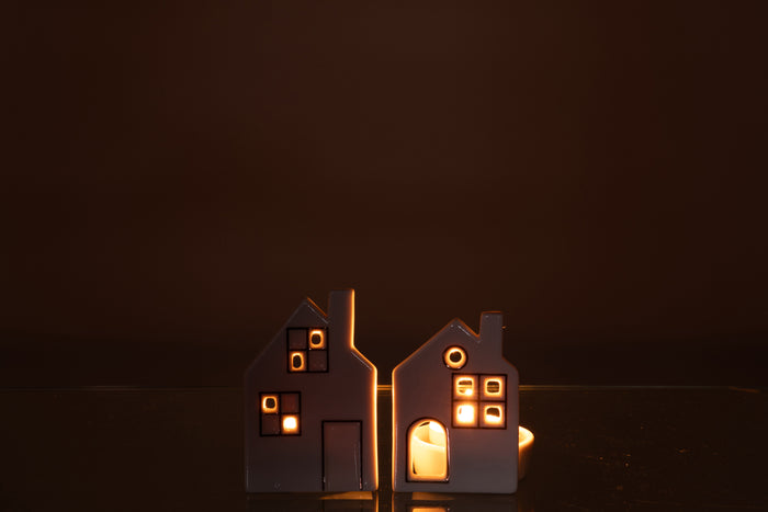 J-Line theelichthouder Huis - keramiek - wit - 2 stuks