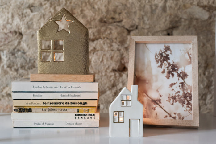 J-Line theelichthouder Huis - keramiek - wit - 2 stuks