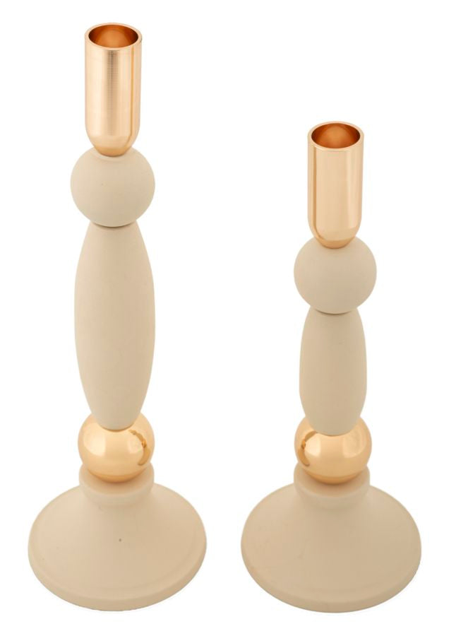 Set van 2 crèmekleurige en gouden metalen kaarsenhouders