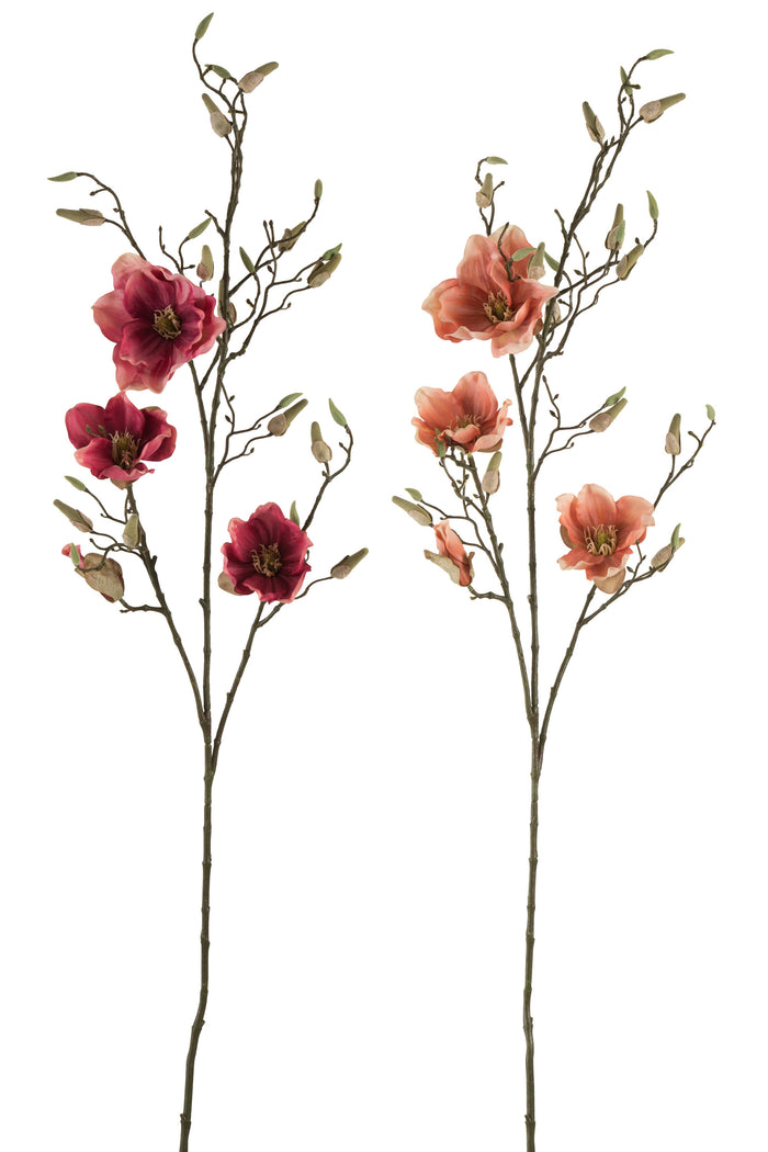 J-Line bloem Magnolia Tak - kunststof - roze - 2 stuks