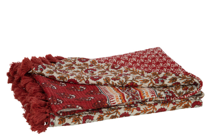J-Line Plaid bloemen - katoen - rood - 180 x 130 cm
