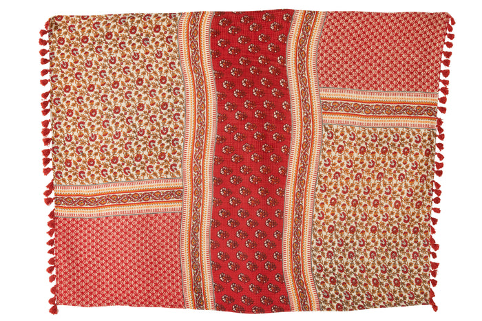 J-Line Plaid bloemen - katoen - rood - 180 x 130 cm