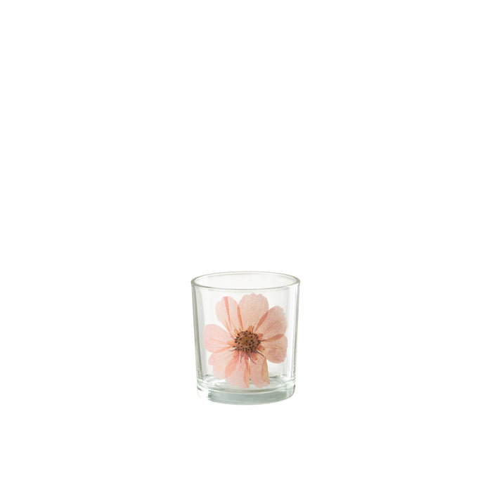 J-Line windlicht Bloem - glas - roze - small - 2 stuks