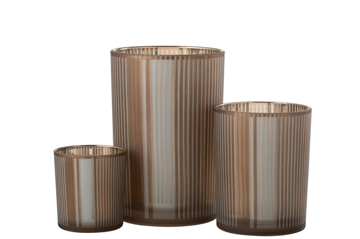 J-Line windlicht Strepen - glas - bruin|wit - large
