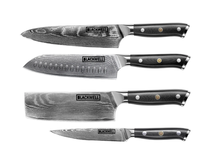 Blackwell Messenset (Koksmes + Santokumes + Nakirimes + Officemes) - Japanse stijl - 67 lagen damaststaal - VG10 - 4-delig