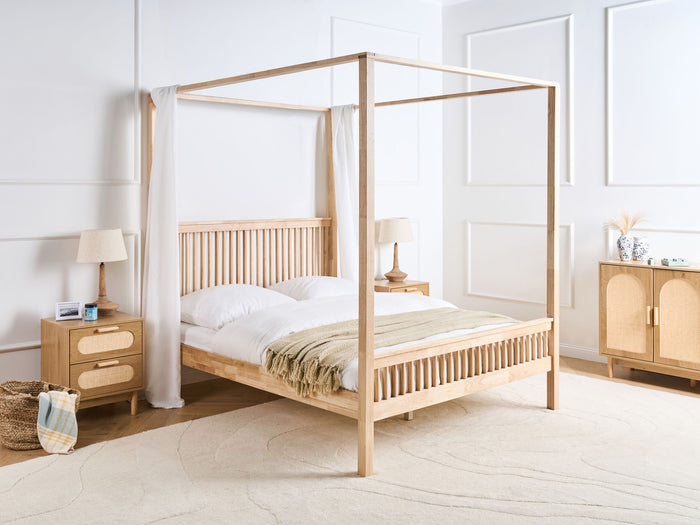 Beliani - HARFLEUR - Hemelbed - Lichtbruin - 160 x 200 cm - Rubberhout