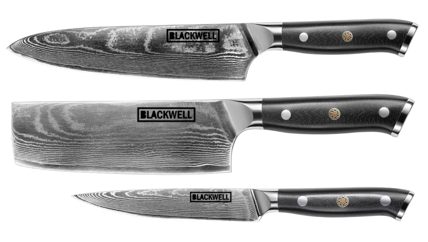 Blackwell Messenset (Koksmes + Groentemes + Officemes) - Japanse stijl - 67 lagen damaststaal - VG10 - 3-delig