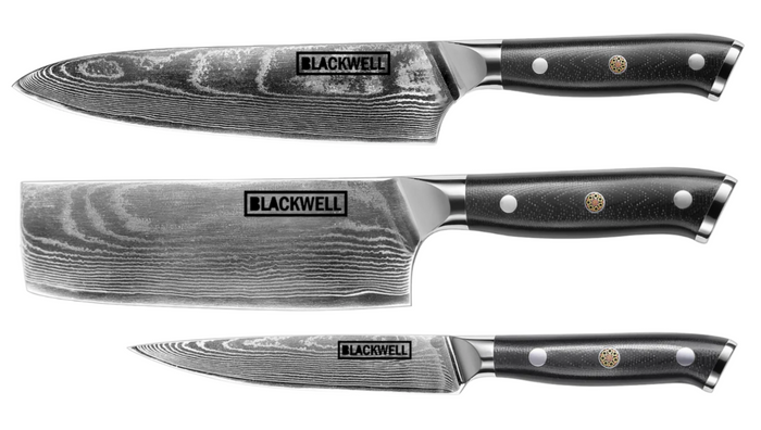 Blackwell Messenset (Koksmes + Groentemes + Officemes) - Japanse stijl - 67 lagen damaststaal - VG10 - 3-delig