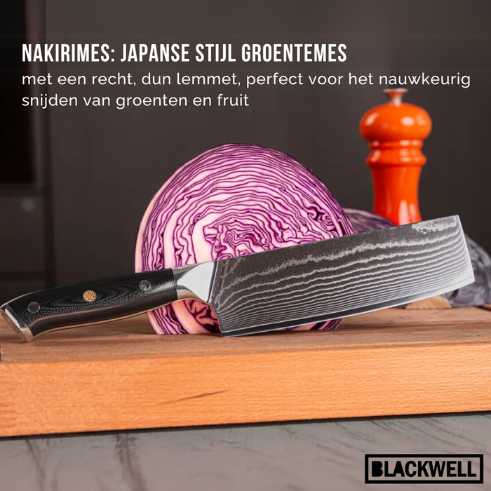 Blackwell Messenset (Koksmes + Groentemes + Officemes) - Japanse stijl - 67 lagen damaststaal - VG10 - 3-delig
