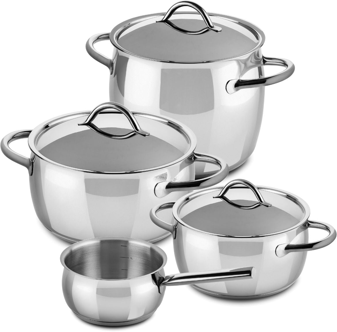 Mepra Pannenset 1950 - Kookpan ø 18, 20, 22 & Steelpan ø 16 cm + Deksels - RVS - 4 Delig