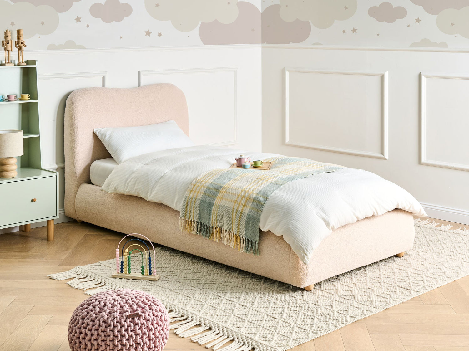 Beliani-BLAGNAC-Bed met opbergruimte-Lichtbeige-90 x 200 cm-Bouclé