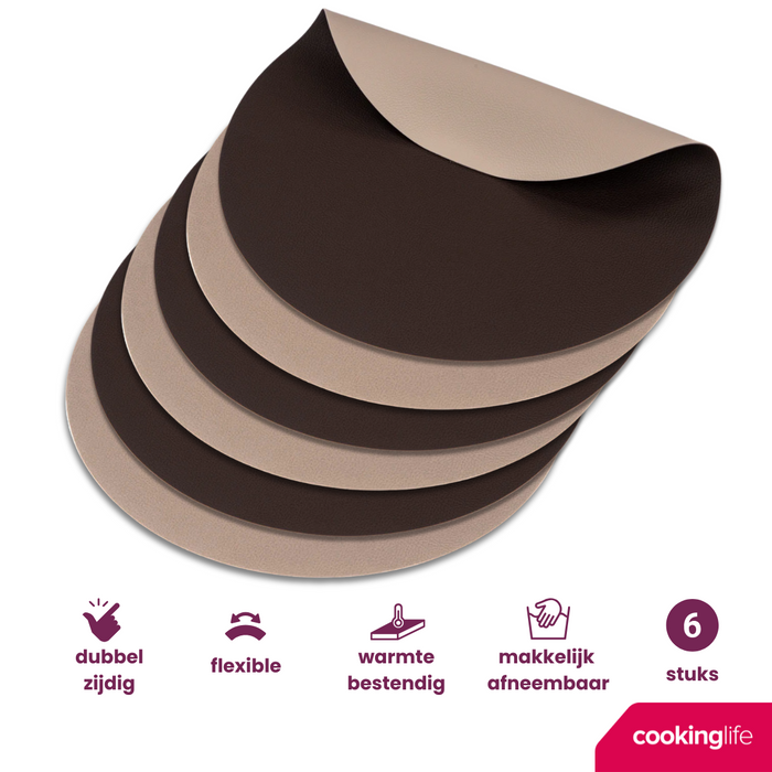 Cookinglife Placemats - Dubbelzijdig - Bruin | Zand ø 38 cm - 6 Stuks