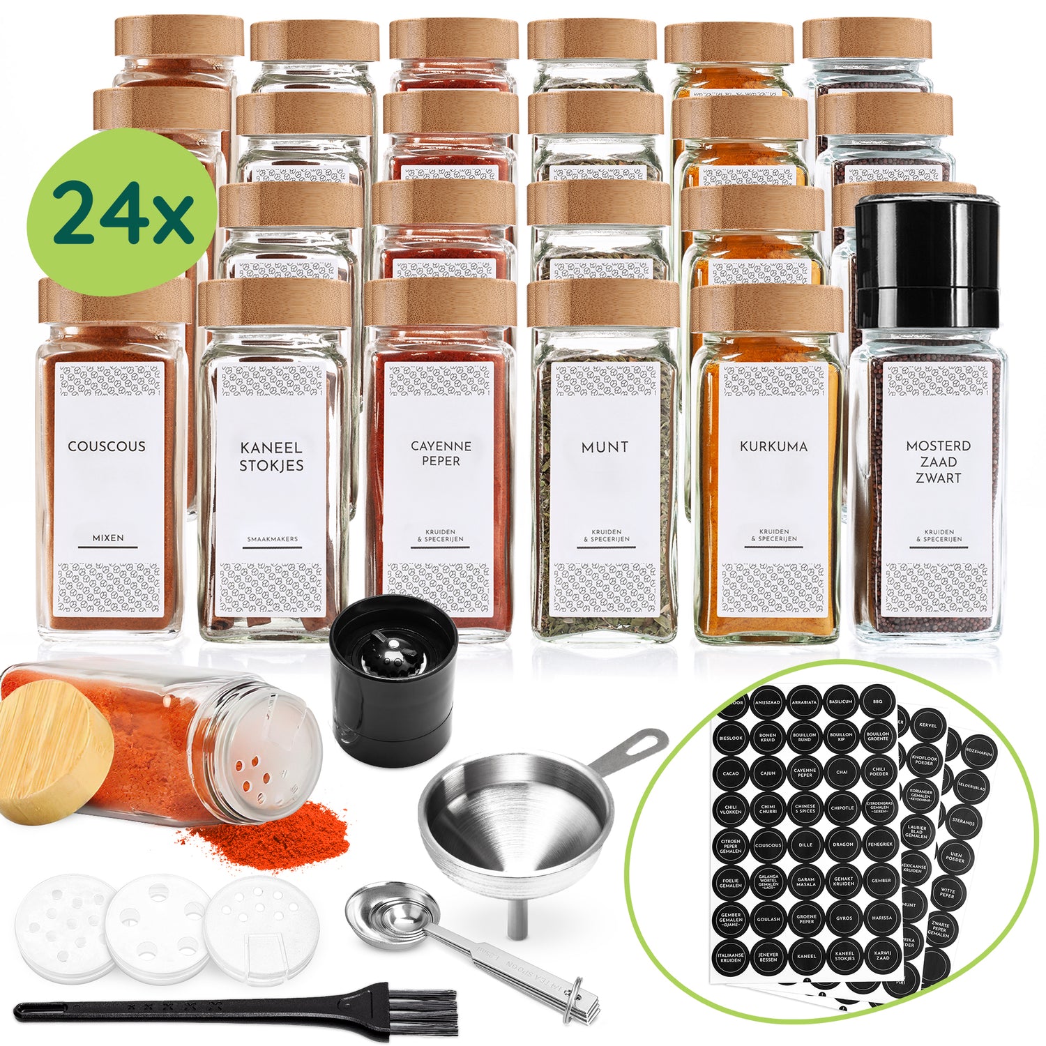 XIVADA Glazen kruidenpotjes vierkant - Stickers - Bamboe - 24 stuks