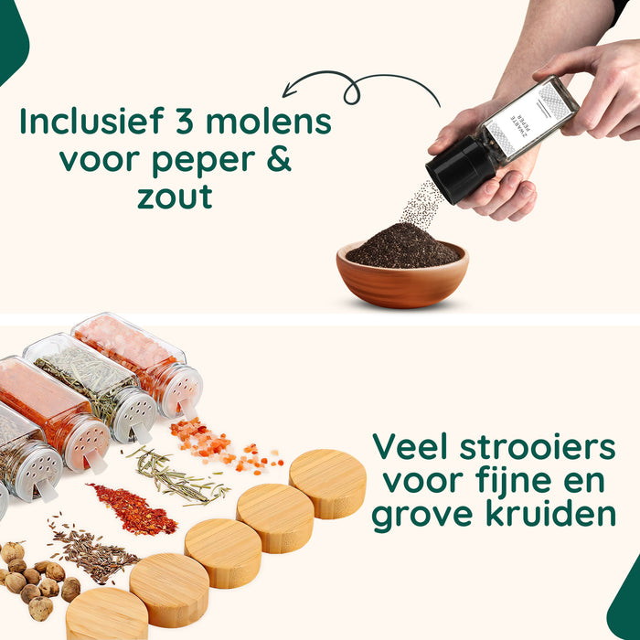 XIVADA Glazen kruidenpotjes vierkant - Stickers - Bamboe - 24 stuks