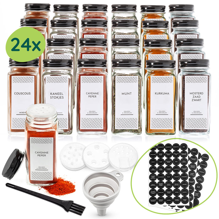 XIVADA Glazen kruidenpotjes vierkant - Stickers - Zwart - 24 stuks