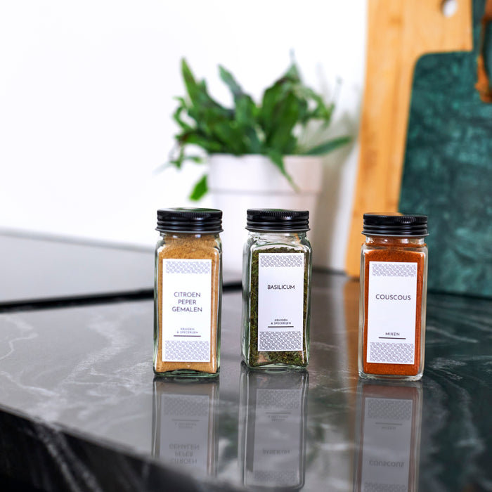 XIVADA Glazen kruidenpotjes vierkant - Stickers - Zwart - 24 stuks