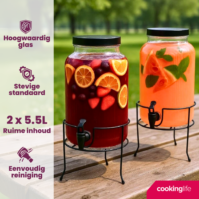 Cookinglife Drankdispenser met Kraantjes en Houders - 2 x 5.5 liter