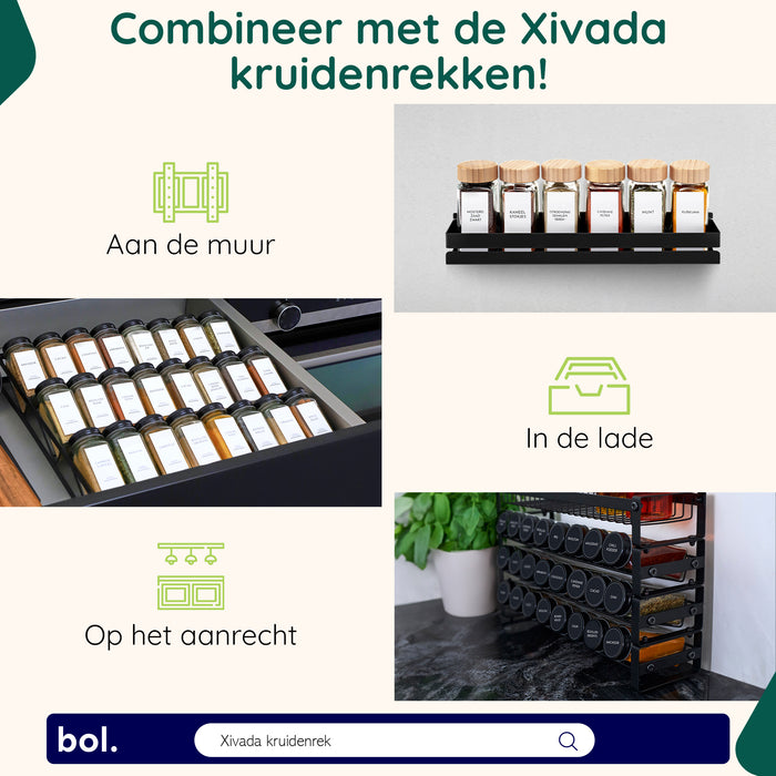 XIVADA Glazen kruidenpotjes vierkant - Stickers - Zwart - 24 stuks