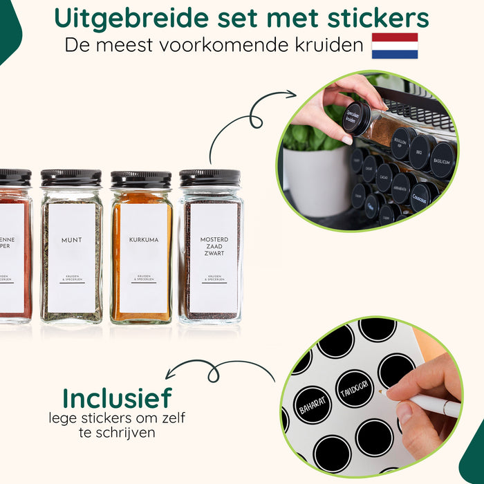 XIVADA Glazen kruidenpotjes vierkant - Stickers - Zwart - 24 stuks