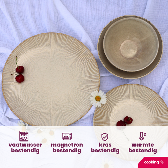 Cookinglife Serviesset Coastal Lines Ocean Beige 18-delig | 6 personen - 6 dinerborden, 6 ontbijtborden en 6 kommen