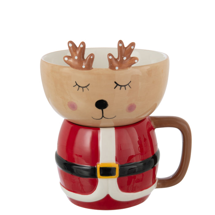 J-Line mok + schaal Rendier Dolomiet - keramiek - camel|rood
