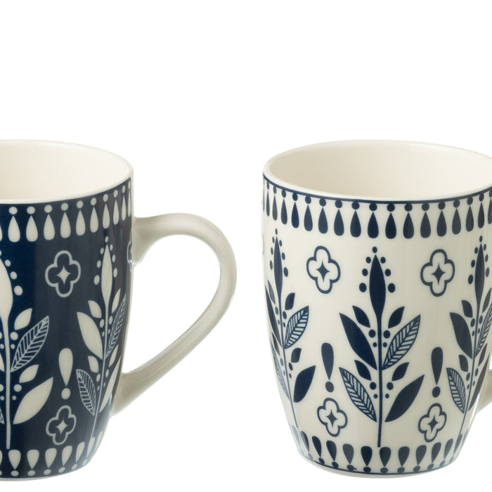 J-Line mok Bladeren - keramiek - blauw|wit - doos van 2