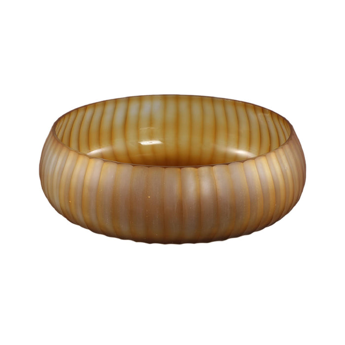 PTMD Lavanya Brown Carved Glass Round Bowl Ribbed