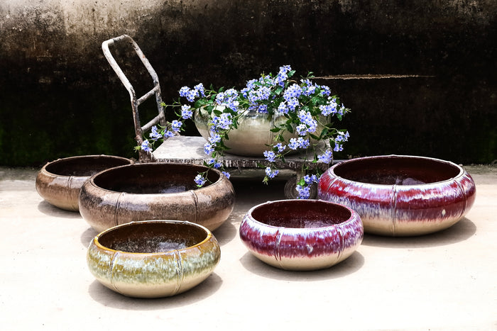 PTMD Azad Cream Ceramic Bowl Pot Low Round Set Of 2