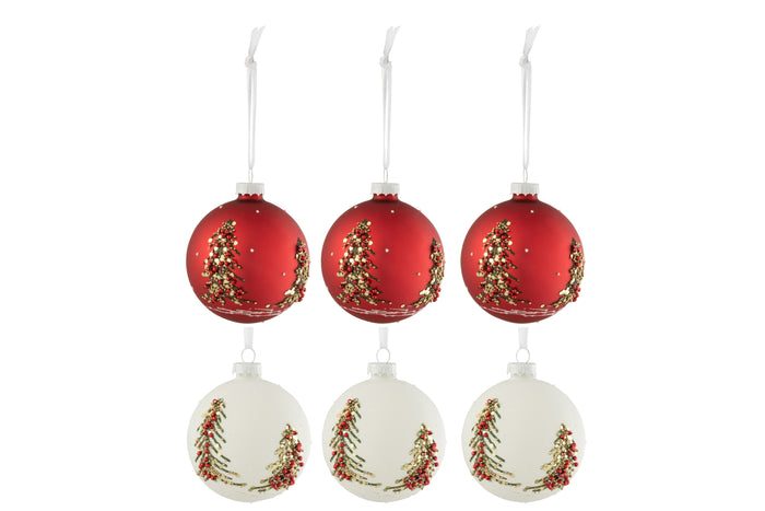 J-Line kerstbal Kerstbomen Glitters - glas - wit|rood - smal