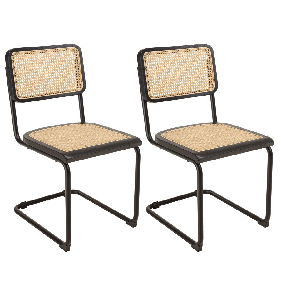 PIERRE - Lot de 2 chaises assise bois noir|rotin naturel pieds métal