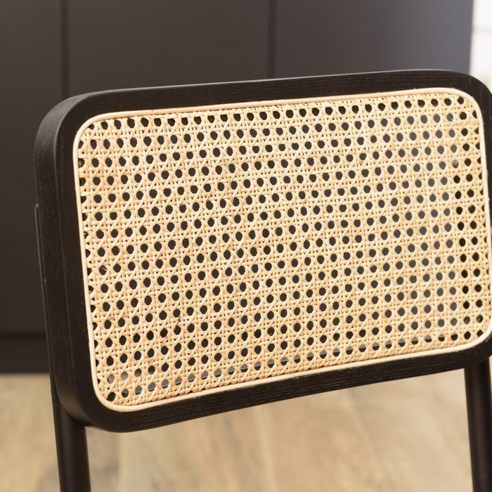 PIERRE - Lot de 2 chaises assise bois noir|rotin naturel pieds métal