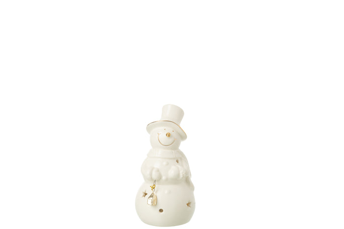 J-Line figuur Sneeuwman - porselein - ecru - small - LED lic