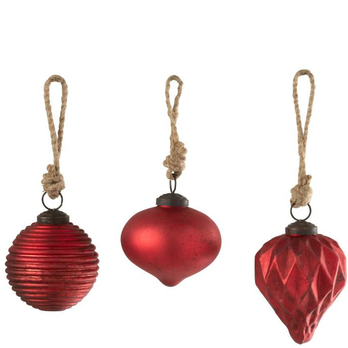 J-Line kerstbal Geoxideerd - glas - rood - small - 3 stuks