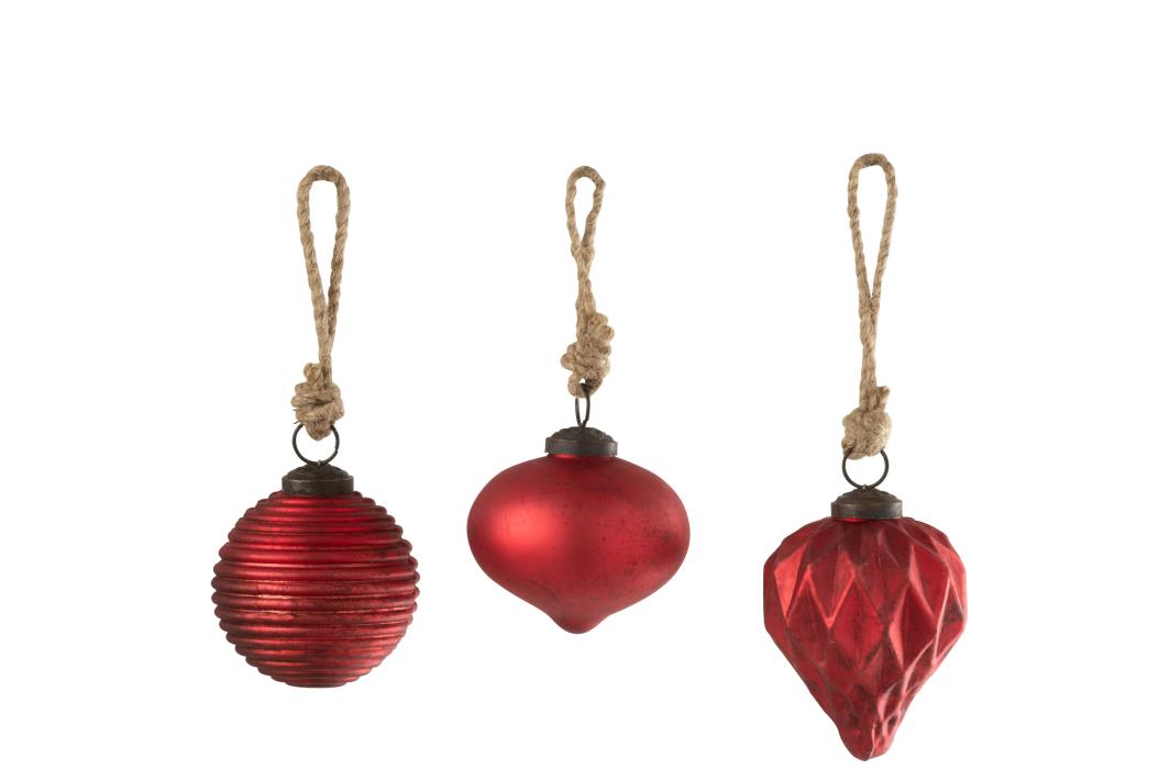 J-Line kerstbal Geoxideerd - glas - rood - small - 3 stuks