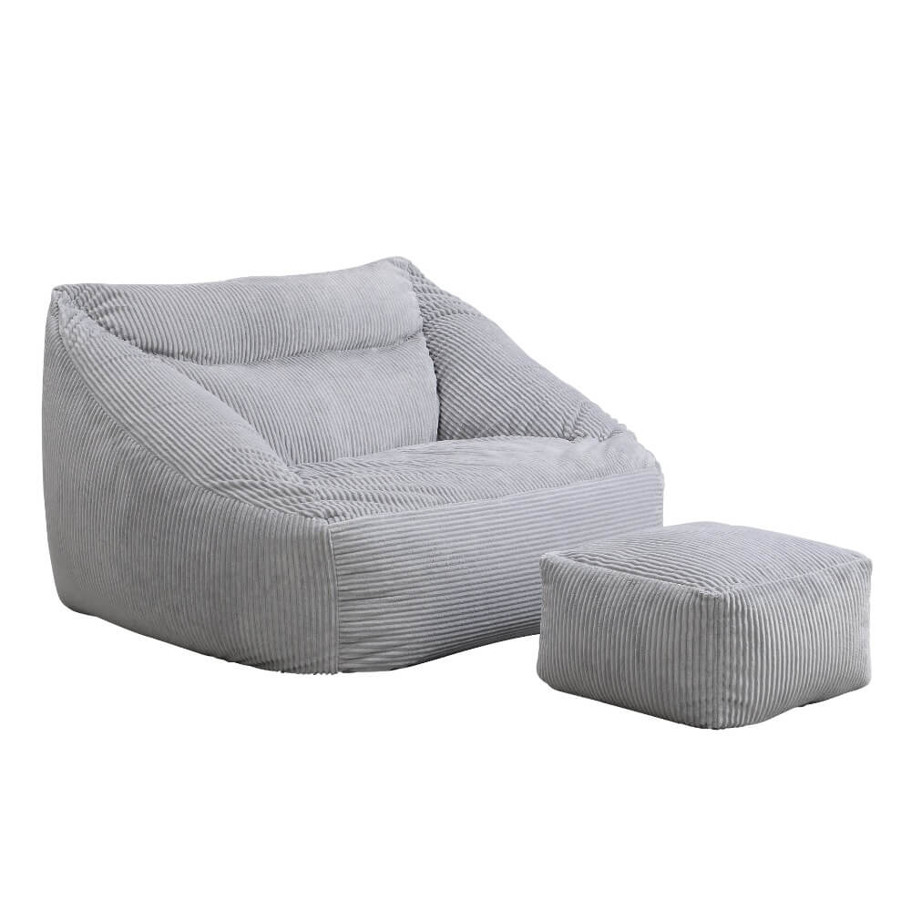 HOME DELUXE Zitzak Fauteuil met Poef - Ribfluweel - Lichtgrijs