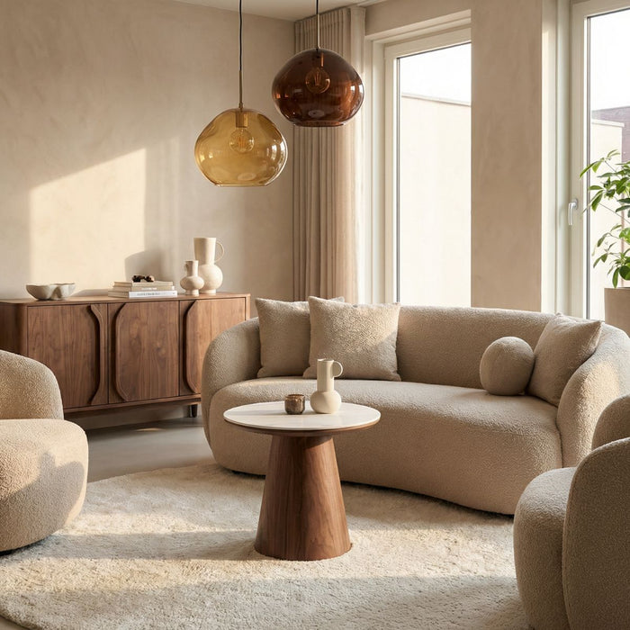 Giga Meubel - Bijzettafel Wit Keramiek|Walnoot - Ø60x55cm - Alba