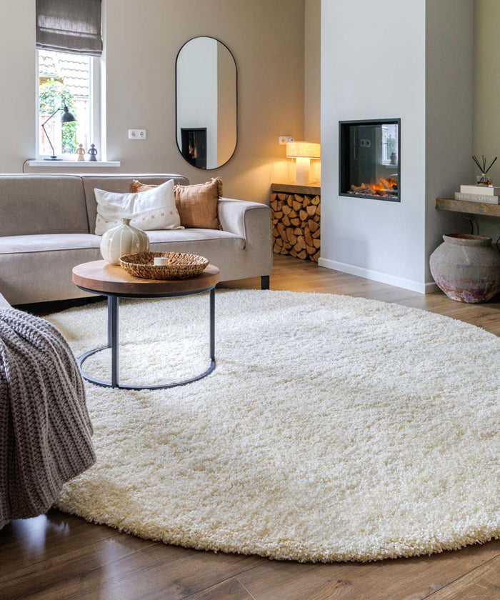 Tapeso Rond hoogpolig vloerkleed shaggy Grand effen - crème - 240 cm