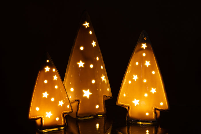 J-Line decoratie Kerstboom - keramiek - wit - set van 3 - LE