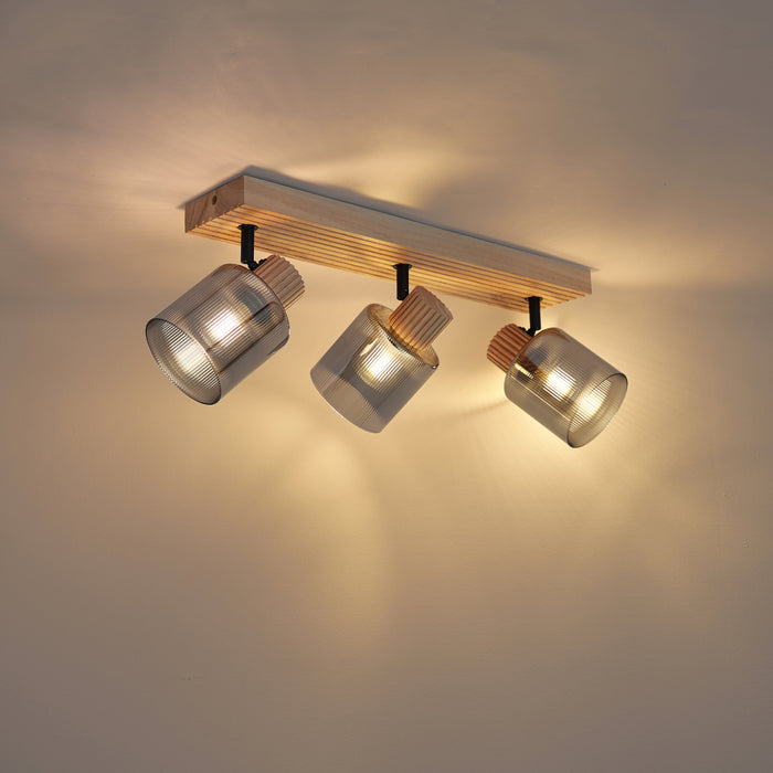 QAZQA Moderne spot hout met smoke glas 3-lichts draai- en kantelbaar