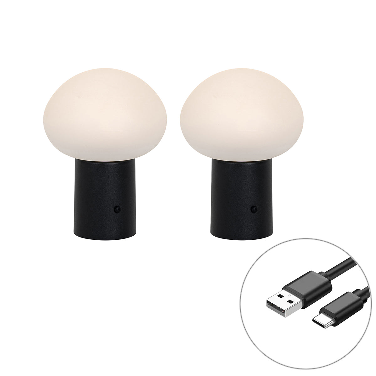 QAZQA Set van 2 tafellampen mushroom zwart incl. LED oplaadbaar -