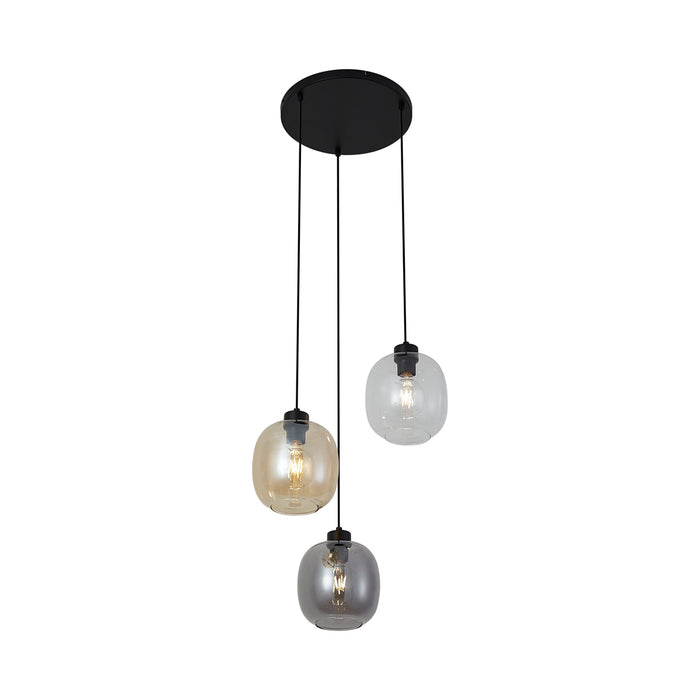 QAZQA Hanglamp zwart met amber en smoke en helder glas 3-lichts -
