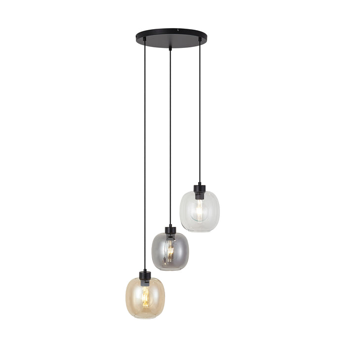 QAZQA Hanglamp zwart met amber en smoke en helder glas 3-lichts -