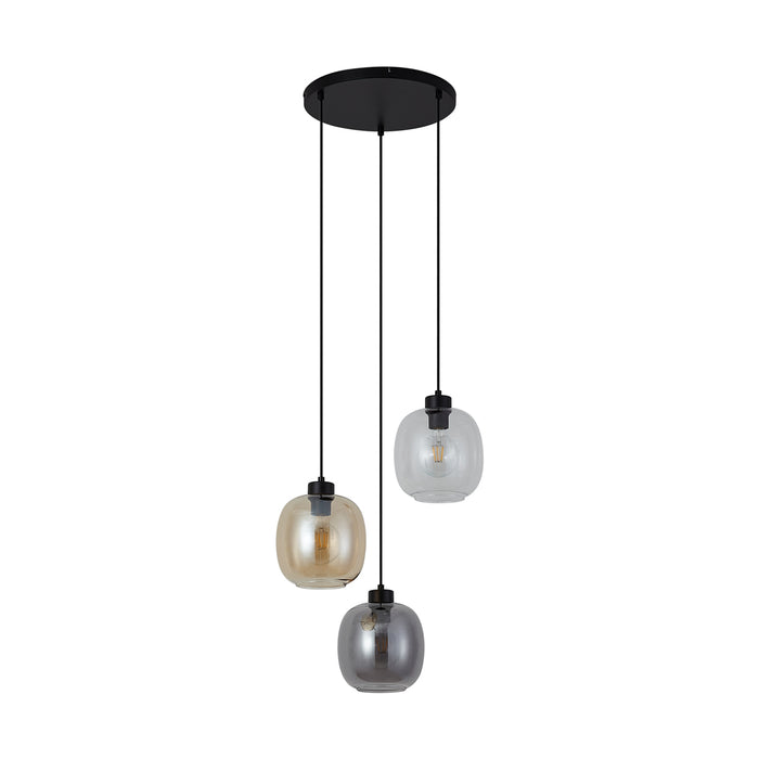 QAZQA Hanglamp zwart met amber en smoke en helder glas 3-lichts -
