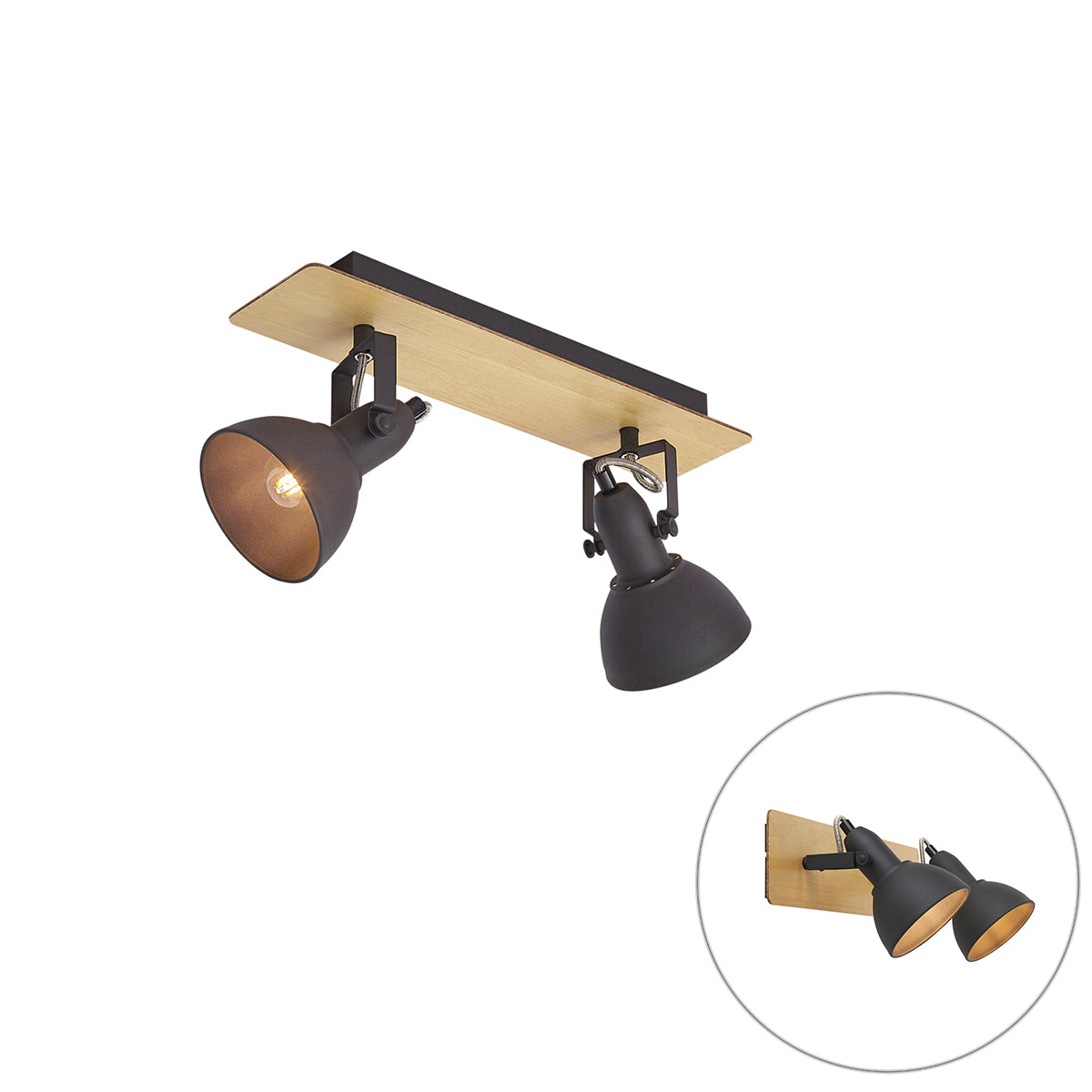 QAZQA Plafondspot zwart met hout 2-lichts draai- en kantelbaar -
