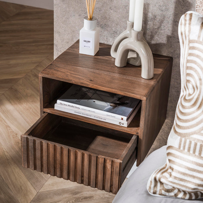 Hoyz Collection - Nachtkastje Zwevend Open Vak 1 Lade - Acacia Bruin